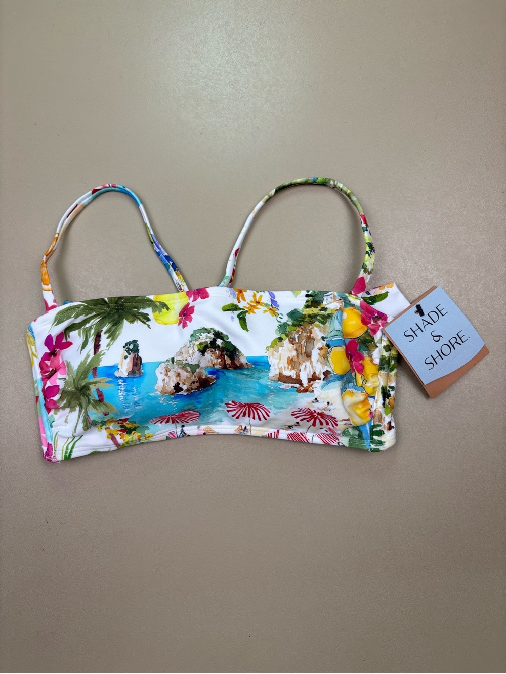 Shade Shore Scenic Print Bikini Top Small Tie Back Bandeau NWT